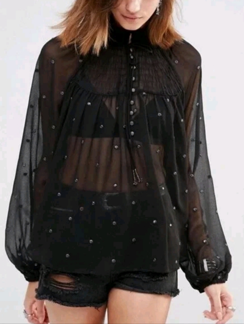 Free People Ready to Run Top Black Sheer Chiffon Boho Long-sleeve M Witchy Goth